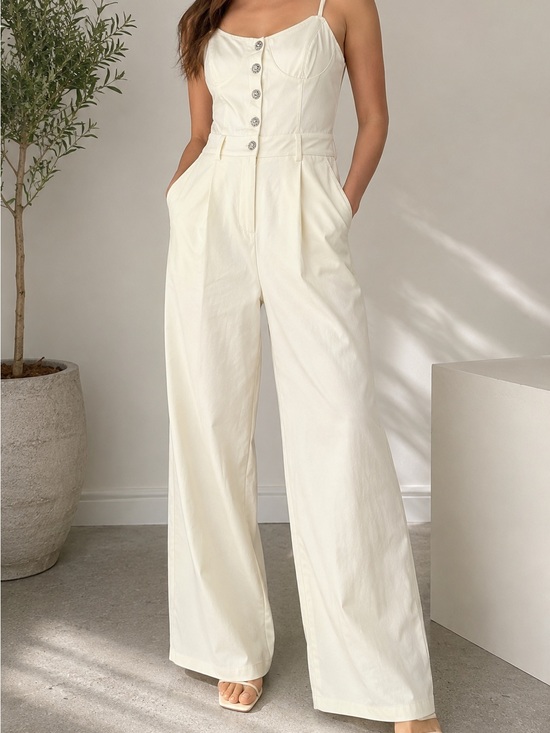 Affordable Fashion Finds Pants - Women's Cream Wide-Leg Button-Front Jumpsuit Spaghetti Straps Pockets Size L